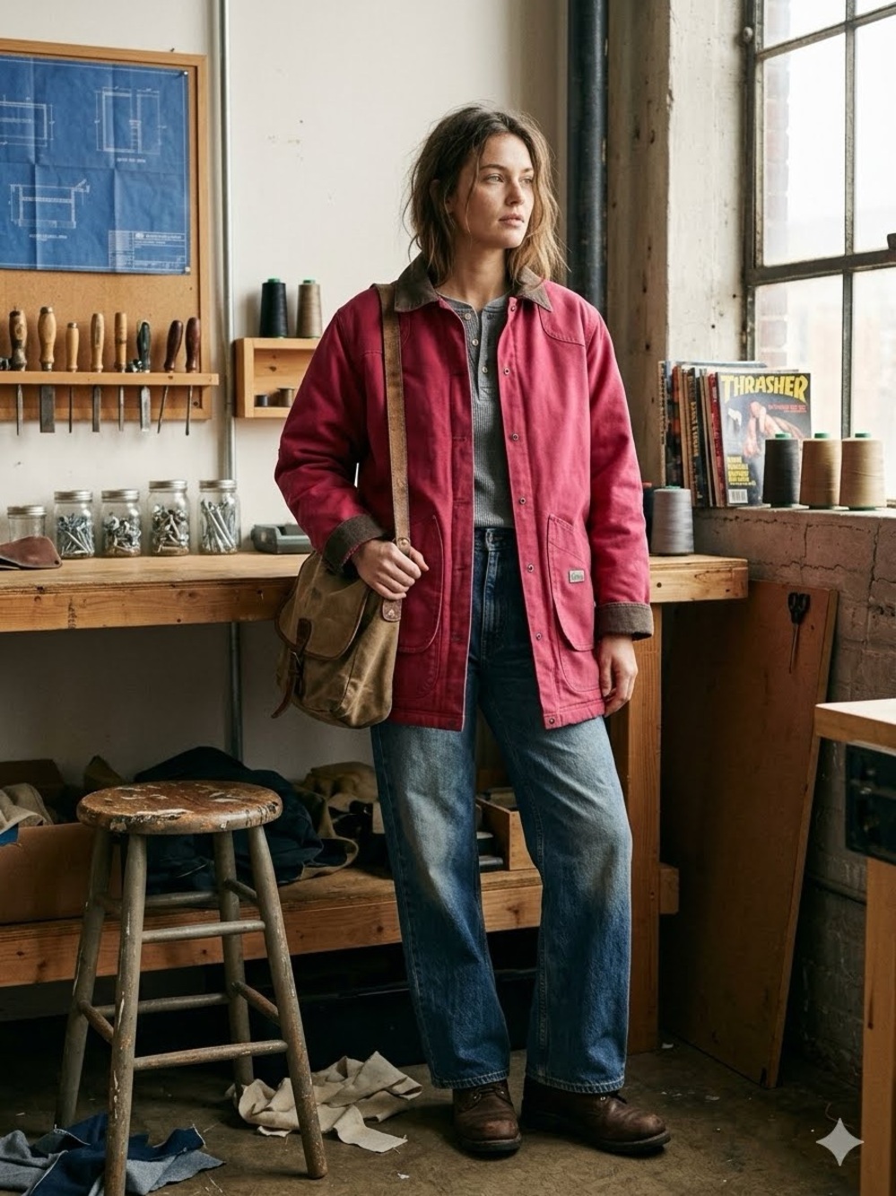 Vintage Berne Workwear Canvas Chore Coat Jacket Red Women's Large EUC